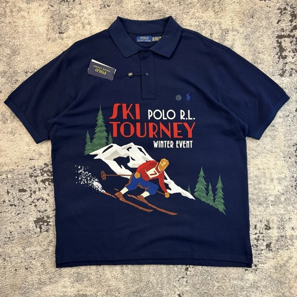 NWT Polo Ralph Lauren SKI Tourney Print Mesh Knit Collared Polo Shirt Navy 2XB